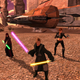Knights Of The Old Republic II, with three characters sporting light sabres and blasters in front of their ship.